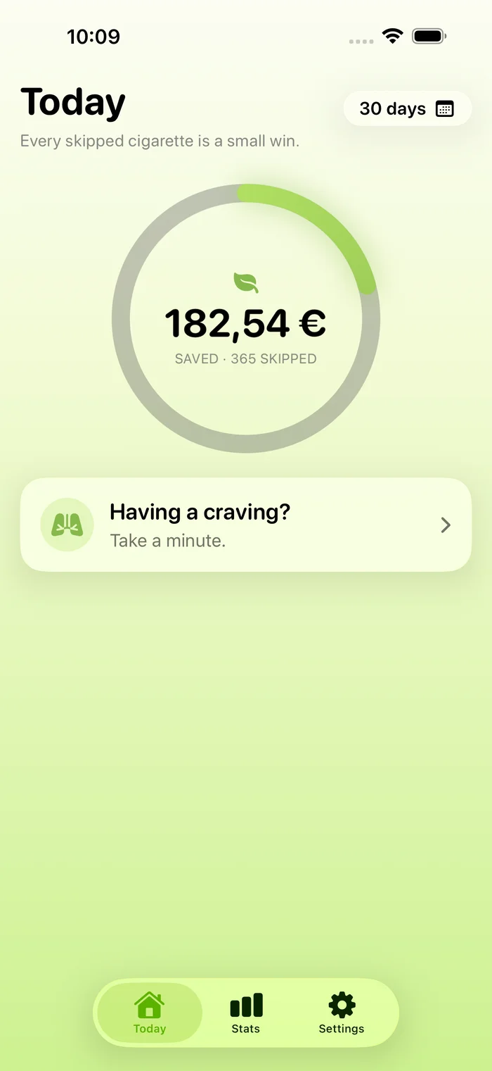 SmokeFree Today dashboard — savings ring, SOS button, streak stats.